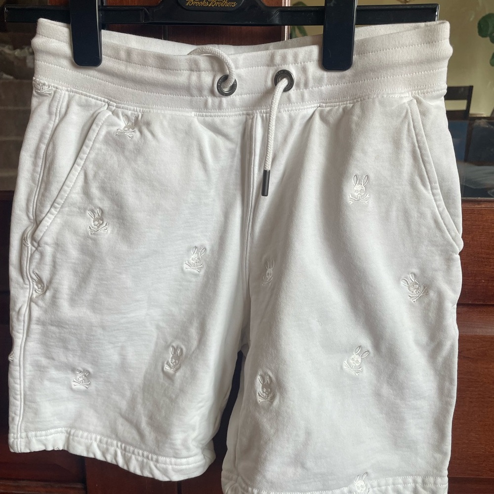 Psycho Bunny White Cotton Shorts with Navy Logo Tag